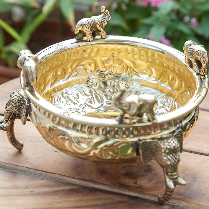 Pure Brass Embossed Design Urli with Elephant Statue - Antique Brassware & Elegant Home Décor Piece